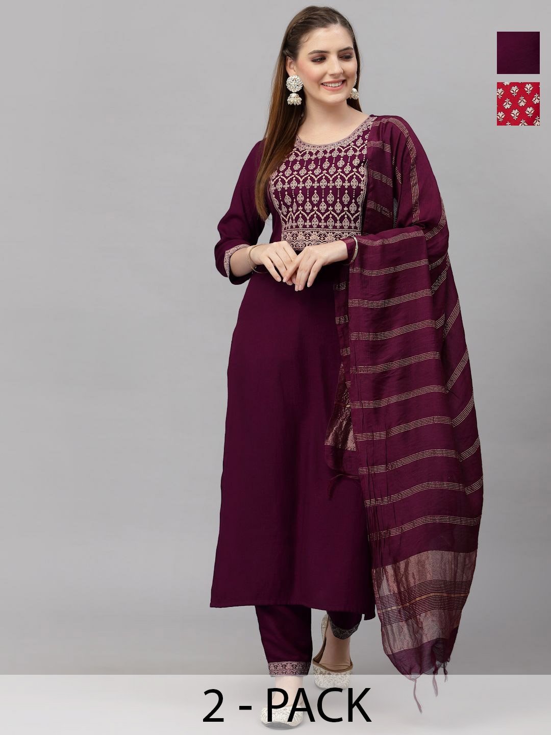 KALINI Selection Of 2 Ethnic Motifs Printed Straight Kurta With Trousers & Dupatta, Maroon
KALINI Selection Of 2 Ethnic Motifs Printed Straight Kurta With Trousers & Dupatta, Maroon