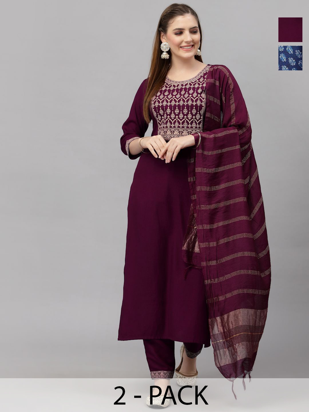 KALINI Pack Of 2 Floral Embroidered Sequinned Straight Kurta With Trousers & Dupatta, Burgundy
KALINI Pack Of 2 Floral Embroidered Sequinned Straight Kurta With Trousers & Dupatta, Burgundy
