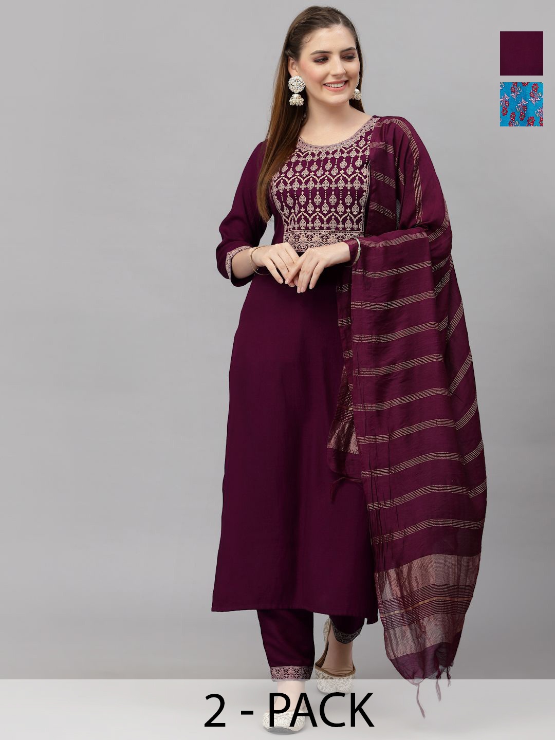 KALINI Selection Of 2 Floral Printed Round neck Straight Kurtas With Salwar & Dupattas, Purple
KALINI Selection Of 2 Floral Printed Round neck Straight Kurtas With Salwar & Dupattas, Purple