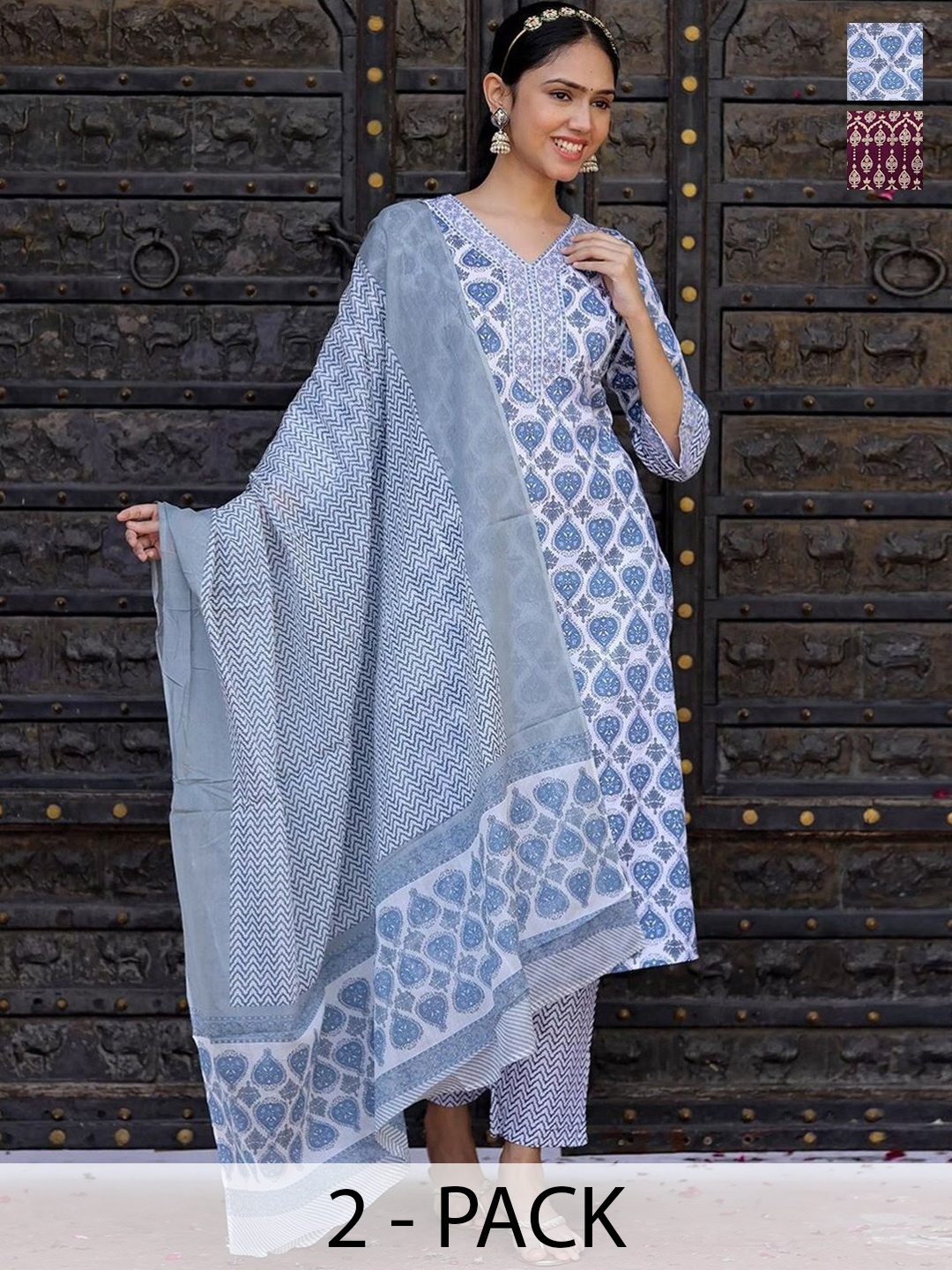KALINI Selection Of 2 Ethnic Printed V-Neck Straight Kurtas With Trousers & Dupattas, White
KALINI Selection Of 2 Ethnic Printed V-Neck Straight Kurtas With Trousers & Dupattas, White