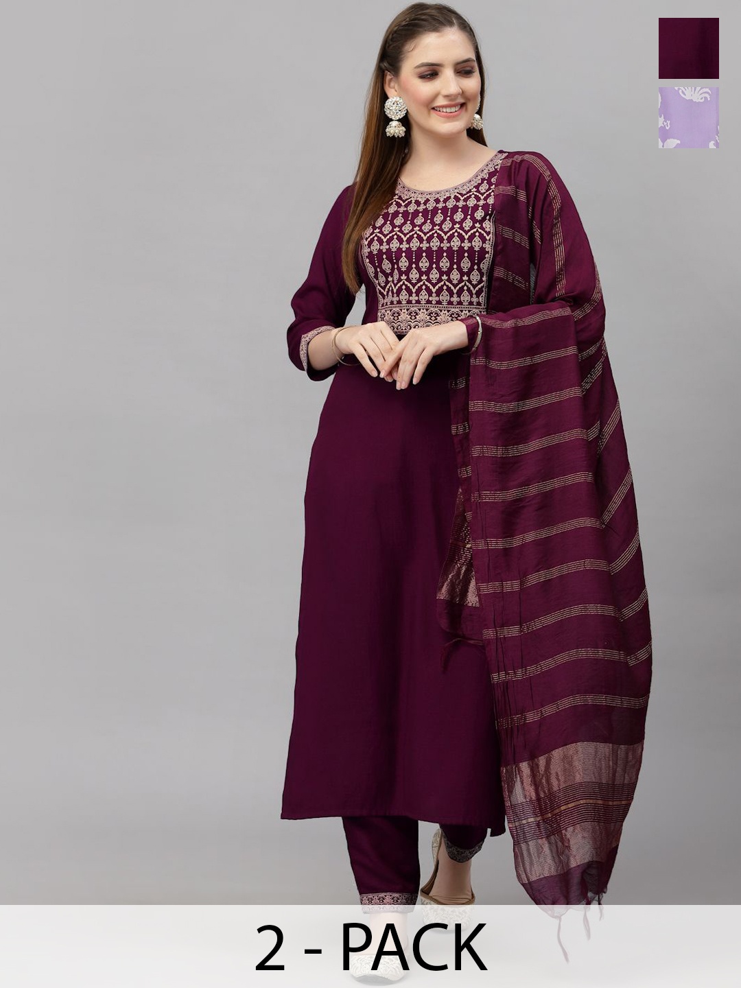 KALINI Selection Of 2 Ethnic Motifs Printed V-Neck Kurta With Trousers & Dupatta, Lavender
KALINI Selection Of 2 Ethnic Motifs Printed V-Neck Kurta With Trousers & Dupatta, Lavender