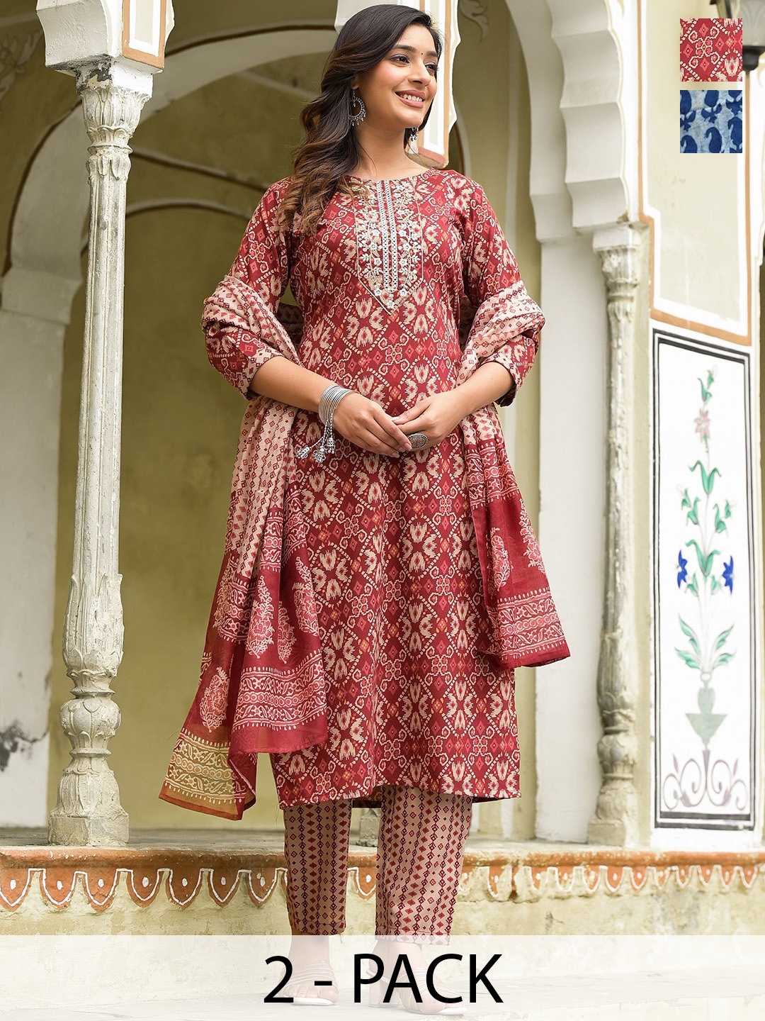 KALINI Selection Of 2 Geometric Motifs Printed Embellished Kurta With Trousers & Dupatta, Navy blue
KALINI Selection Of 2 Geometric Motifs Printed Embellished Kurta With Trousers & Dupatta, Navy blue