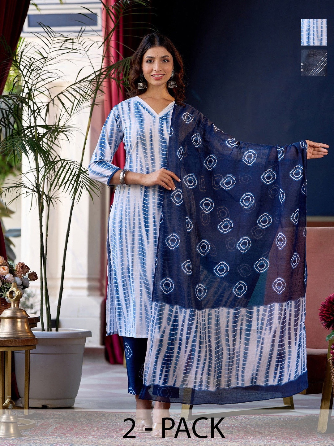 KALINI Selection Of 2 Shibori Printed V-Neck Kurtas With Trousers & Dupattas, White
KALINI Selection Of 2 Shibori Printed V-Neck Kurtas With Trousers & Dupattas, White