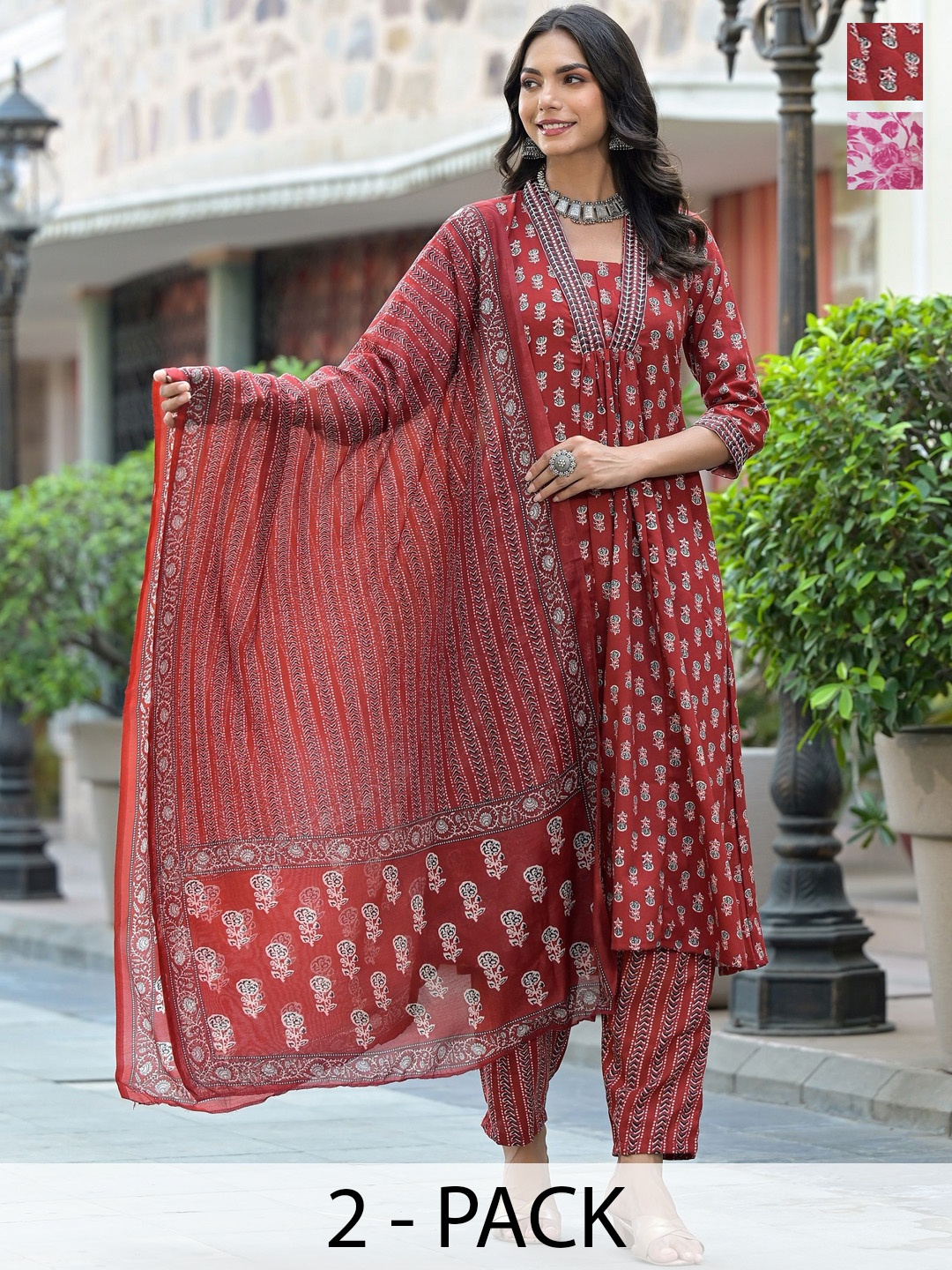 KALINI Selection Of 2 Ethnic Motifs Printed Pleated A-Line Kurtas With Trousers & Dupattas, Red
KALINI Selection Of 2 Ethnic Motifs Printed Pleated A-Line Kurtas With Trousers & Dupattas, Red