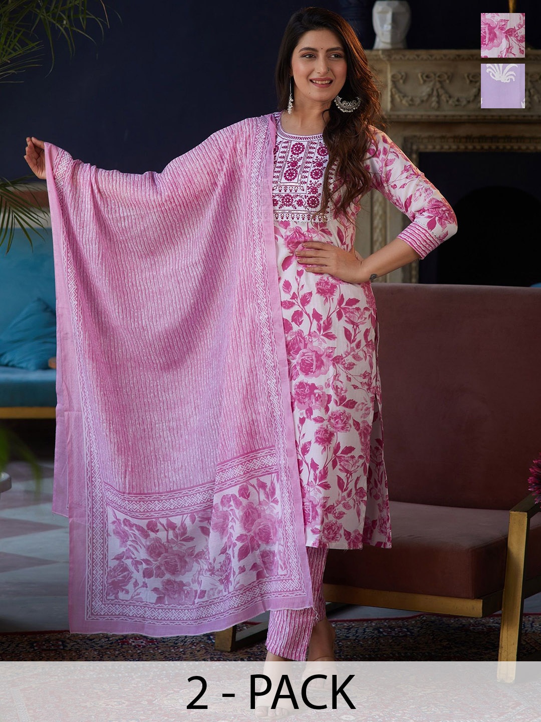 KALINI Selection Of 2 Floral Printed Sequinned V-Neck Kurtas With Trousers & Dupattas, Pink
KALINI Selection Of 2 Floral Printed Sequinned V-Neck Kurtas With Trousers & Dupattas, Pink