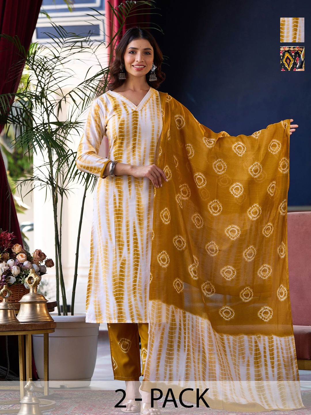 KALINI Selection Of 2 Shibori Printed V-neck Straight Kurtas With Trousers & Dupattas, Black
KALINI Selection Of 2 Shibori Printed V-neck Straight Kurtas With Trousers & Dupattas, Black