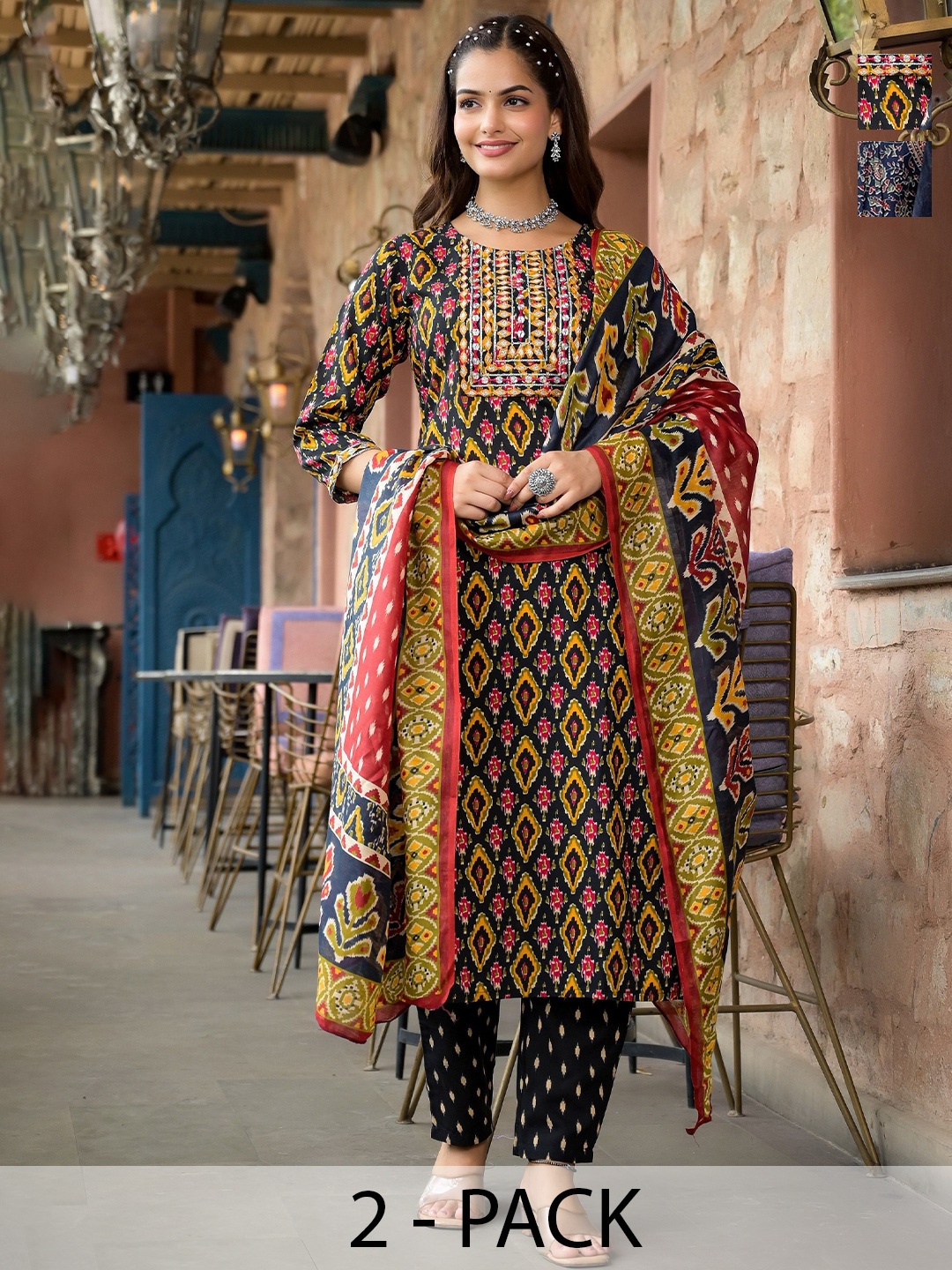 KALINI Selection Of 2 Ethnic Motifs Printed Straight Kurtas With Trousers & Dupattas, Black
KALINI Selection Of 2 Ethnic Motifs Printed Straight Kurtas With Trousers & Dupattas, Black