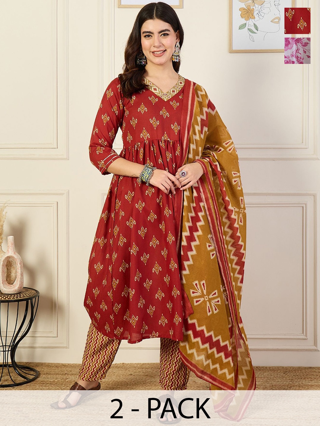 KALINI Selection Of 2 Ethnic Motifs V-neck Pleated A-line Kurta With Trousers & Dupatta, Rust
KALINI Selection Of 2 Ethnic Motifs V-neck Pleated A-line Kurta With Trousers & Dupatta, Rust