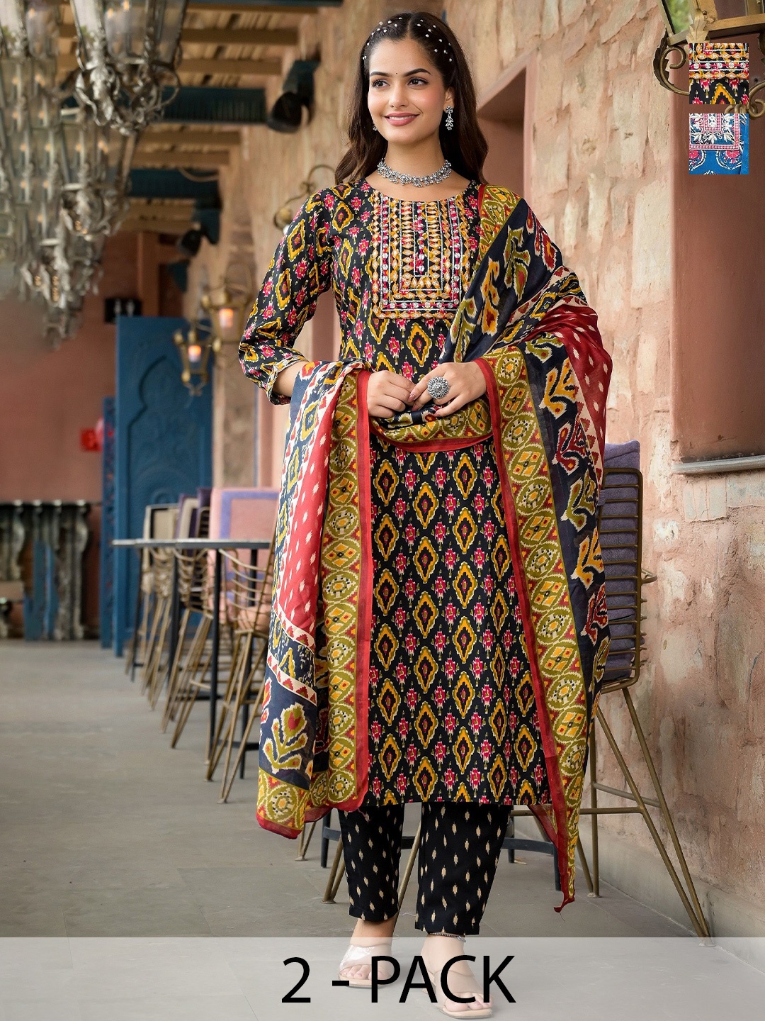 KALINI Selection Of 2 Ethnic Motifs Printed Straight Kurtas With Trousers & Dupattas, Black
KALINI Selection Of 2 Ethnic Motifs Printed Straight Kurtas With Trousers & Dupattas, Black