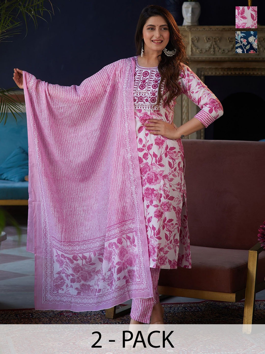 KALINI Selection Of 2 Floral Emboriderd Printed Straight Kurta With Trousers And Dupatta, Pink
KALINI Selection Of 2 Floral Emboriderd Printed Straight Kurta With Trousers And Dupatta, Pink