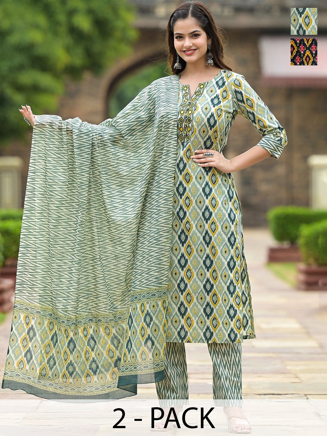 KALINI Selection Of 2 Ethnic Motifs Printed Straight Kurta with Trousers And Dupatta, Green
KALINI Selection Of 2 Ethnic Motifs Printed Straight Kurta with Trousers And Dupatta, Green