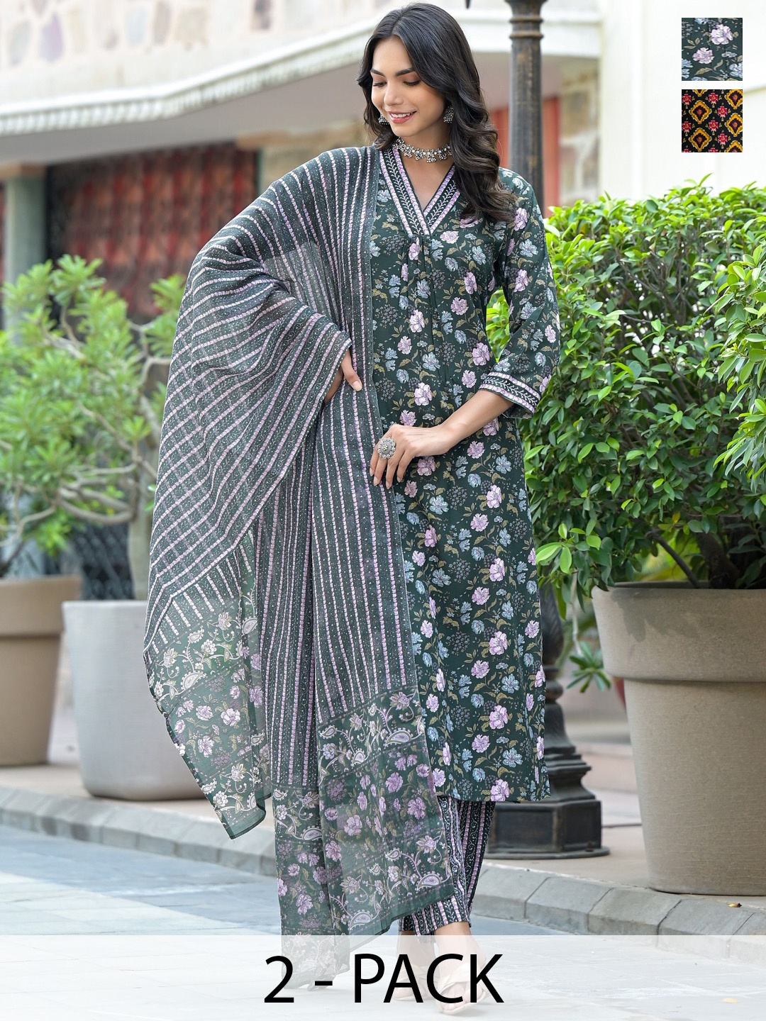 KALINI Selection Of 2 Floral Printed Straight Kurta With Trousers And Dupatta, Green
KALINI Selection Of 2 Floral Printed Straight Kurta With Trousers And Dupatta, Green