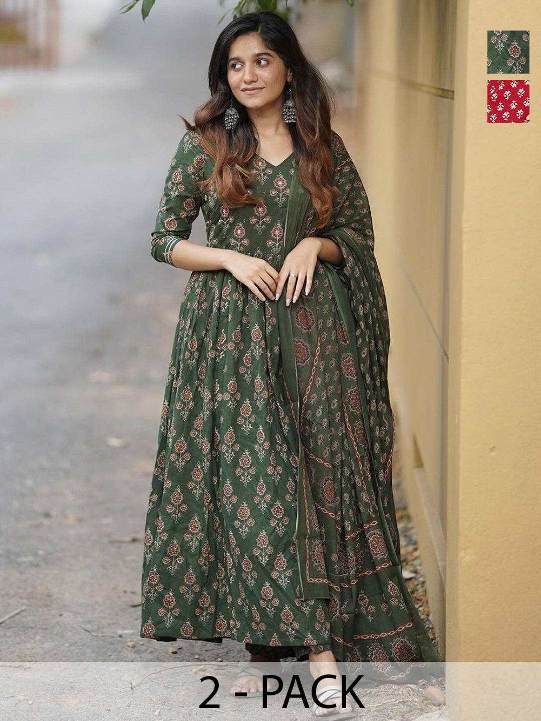 KALINI Selection Of 2 Ethnic Motifs Printed V-Neck Anarkali Kurta With Trousers & Dupatta, Green
KALINI Selection Of 2 Ethnic Motifs Printed V-Neck Anarkali Kurta With Trousers & Dupatta, Green