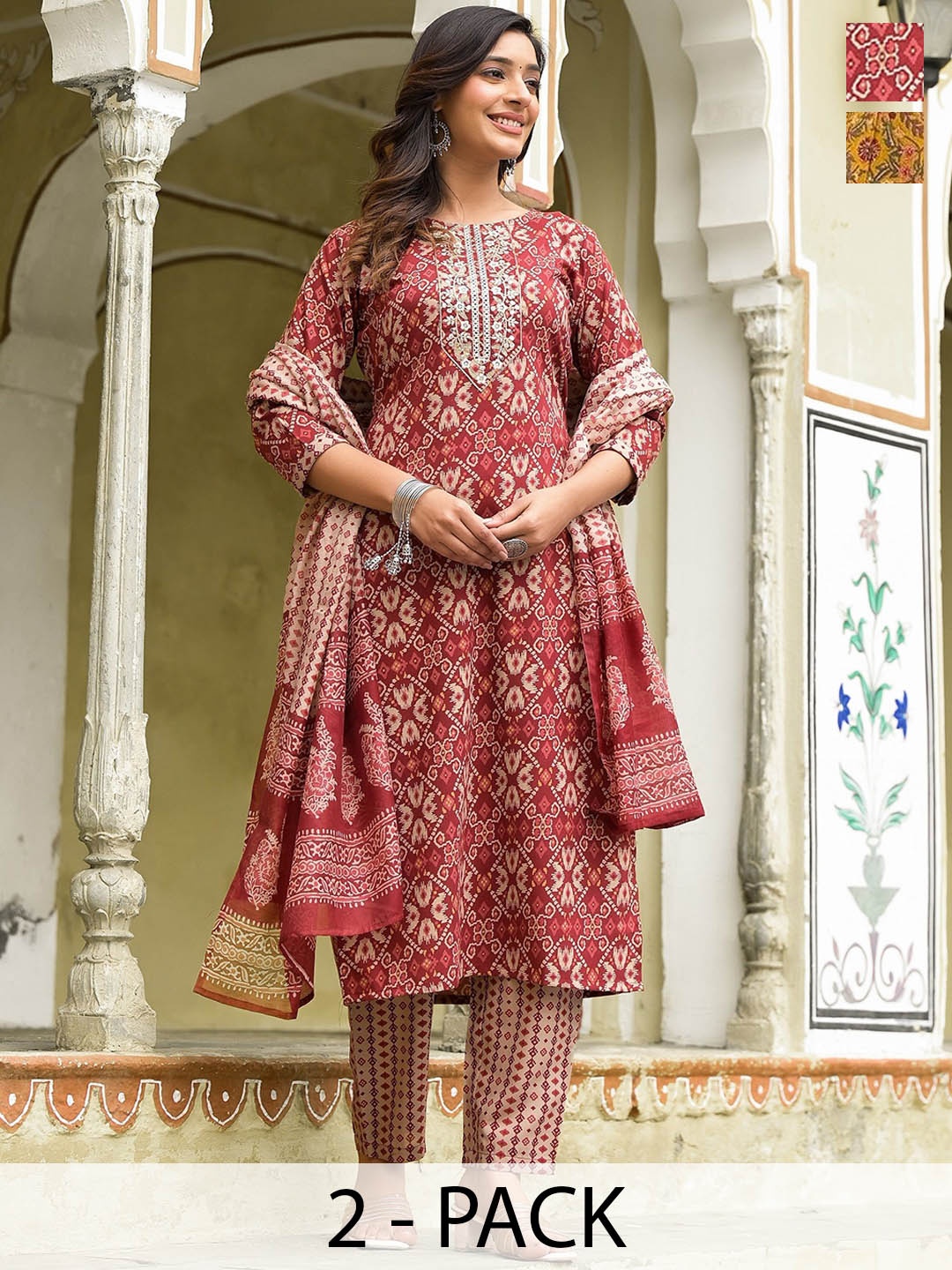 KALINI Selection Of 2 Ethnic Motifs Printed Straight Kurta With Trousers & Dupatta, Red
KALINI Selection Of 2 Ethnic Motifs Printed Straight Kurta With Trousers & Dupatta, Red