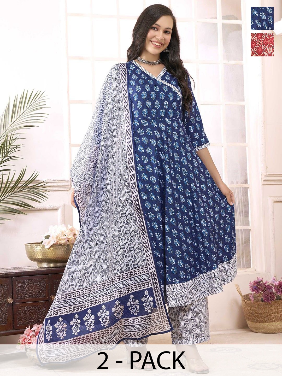 KALINI Selection Of 2 Floral Printed Angrakha Kurta With Trousers And Dupatta, Navy blue
KALINI Selection Of 2 Floral Printed Angrakha Kurta With Trousers And Dupatta, Navy blue