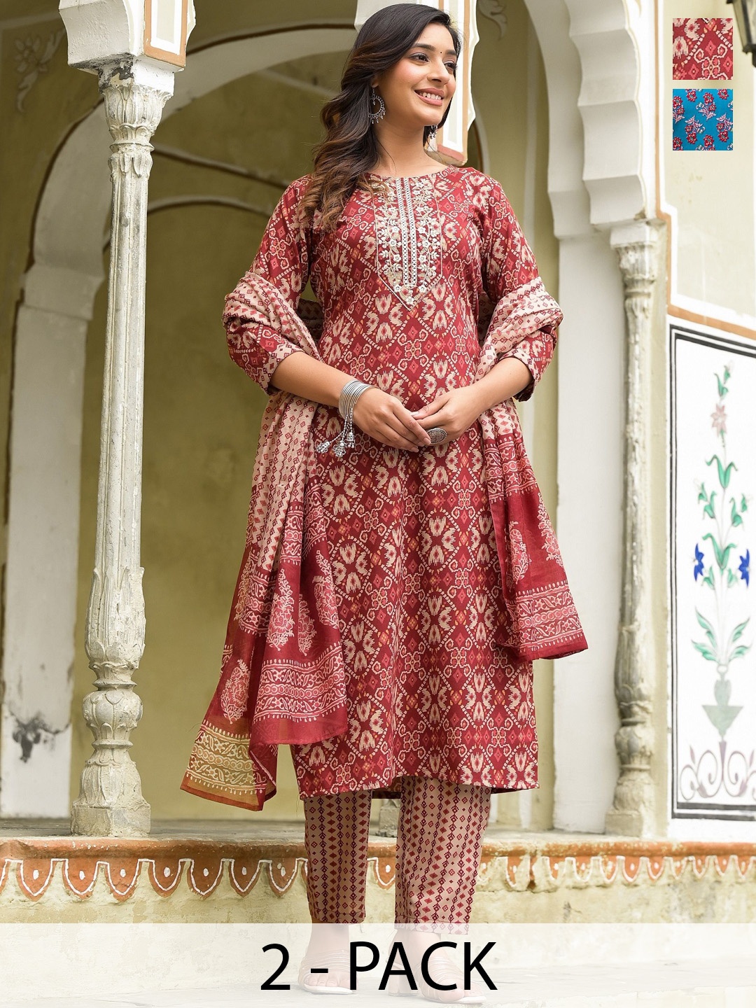 KALINI Selection Of 2 Ethnic Motifs Printed Straight Kurta With Trousers And Dupatta, Red
KALINI Selection Of 2 Ethnic Motifs Printed Straight Kurta With Trousers And Dupatta, Red