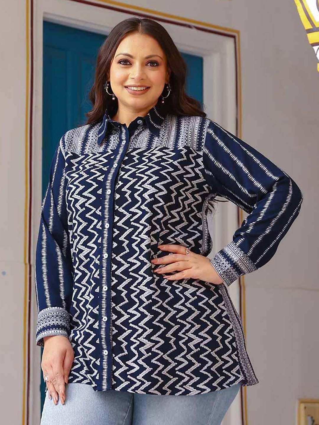 The Plus Size Store by Meera Creations Women Straight Fit Chevron Striped Cotton Shirt, Navy blue
The Plus Size Store by Meera Creations Women Straight Fit Chevron Striped Cotton Shirt, Navy blue