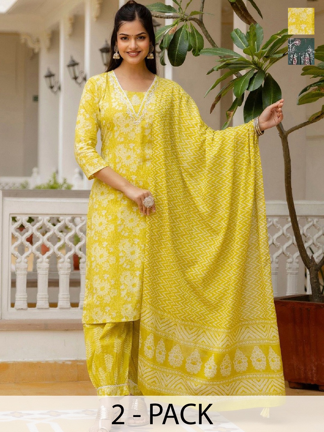 KALINI Selection Of 2 Floral Printed V-Neck Straight Kurtas With Pyjamas & Dupattas, Yellow
KALINI Selection Of 2 Floral Printed V-Neck Straight Kurtas With Pyjamas & Dupattas, Yellow