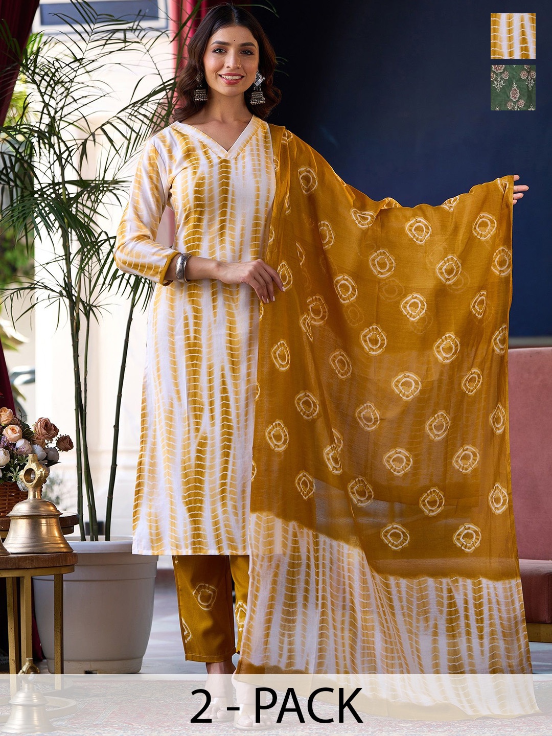 KALINI Selection Of 2 Shibori Dyed V-Neck Straight Kurtas With Trousers & Dupattas, White
KALINI Selection Of 2 Shibori Dyed V-Neck Straight Kurtas With Trousers & Dupattas, White