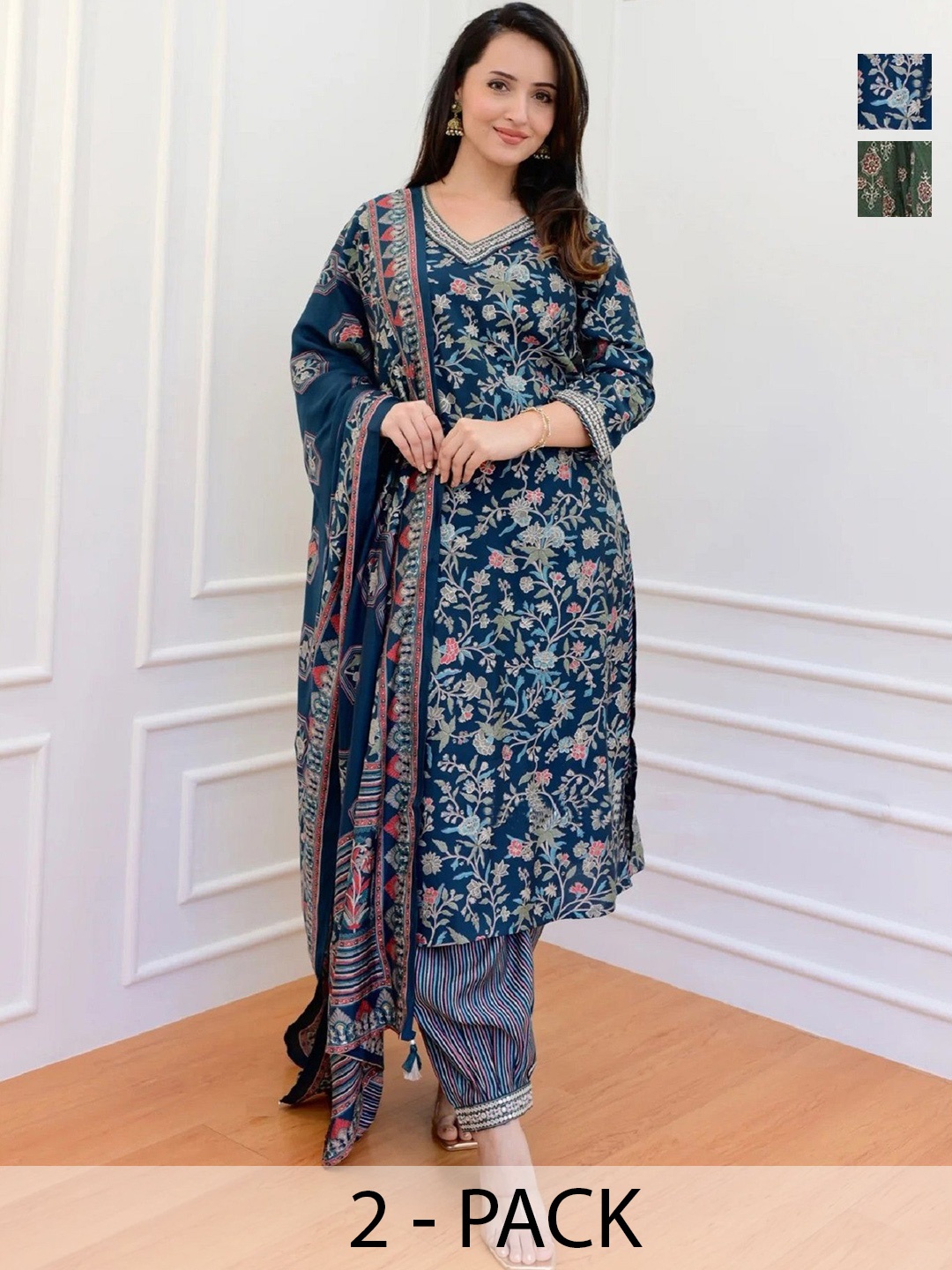 KALINI Selection Of 2 Floral Printed V-Neck Straight Kurtas With Pyjamas & Dupattas, Teal
KALINI Selection Of 2 Floral Printed V-Neck Straight Kurtas With Pyjamas & Dupattas, Teal