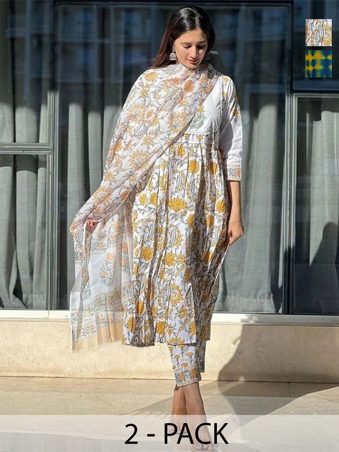 KALINI Selection Of 2 Floral Printed Straight Kurtas With Trousers And Dupattas, Yellow
KALINI Selection Of 2 Floral Printed Straight Kurtas With Trousers And Dupattas, Yellow