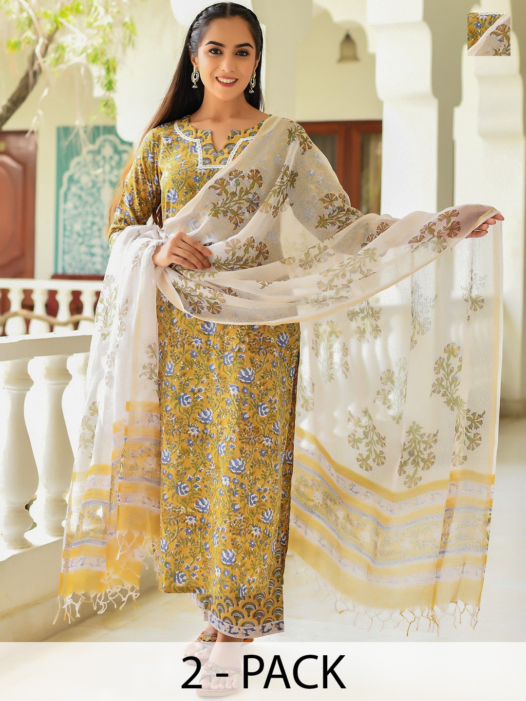 KALINI Selection Of 2 Floral Printed Notch Neck Straight Kurtas With Trousers And Dupattas, White
KALINI Selection Of 2 Floral Printed Notch Neck Straight Kurtas With Trousers And Dupattas, White