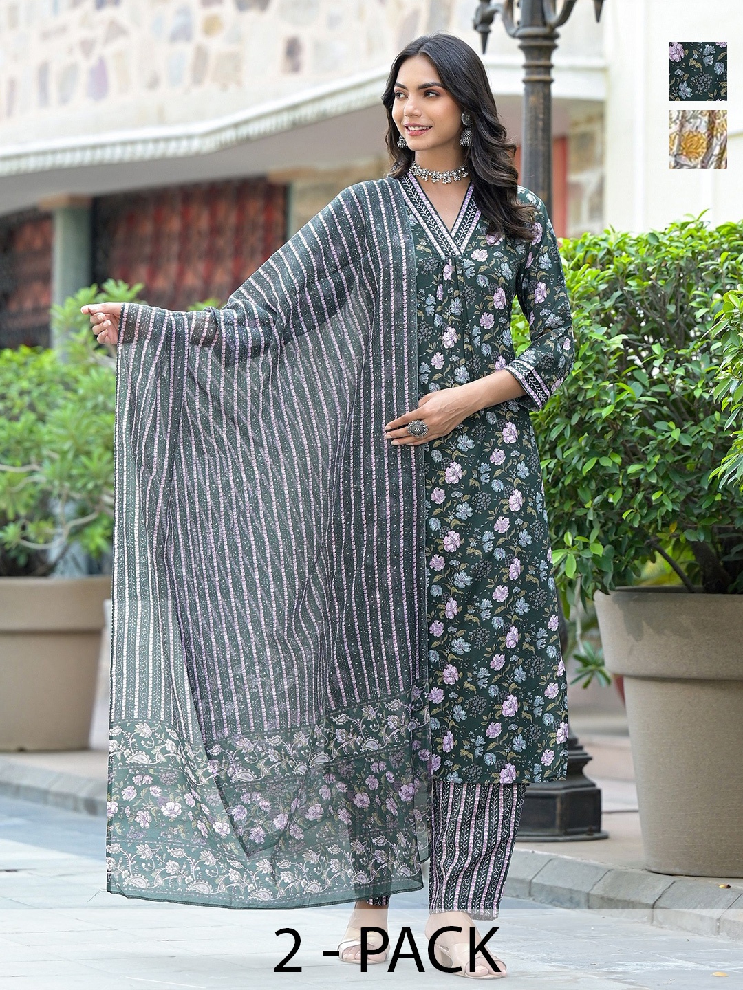 KALINI Selection Of 2 Floral Printed V-Neck Straight Kurtas With Trousers & Dupattas, Green
KALINI Selection Of 2 Floral Printed V-Neck Straight Kurtas With Trousers & Dupattas, Green