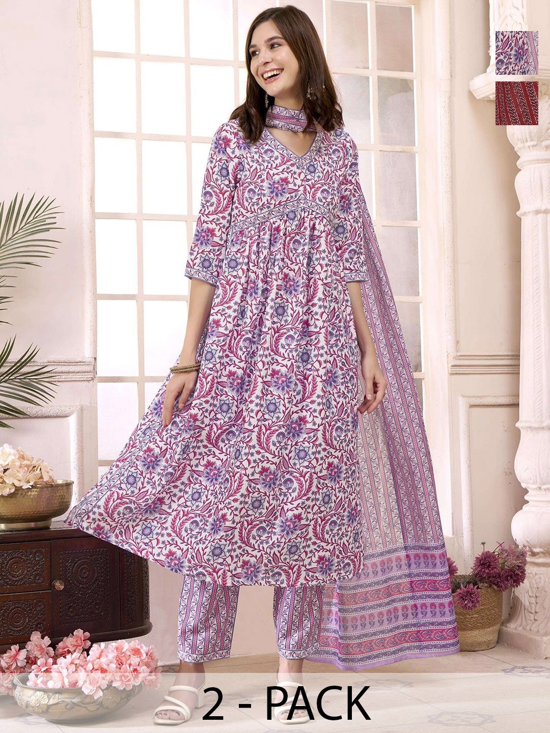 KALINI Selection Of 2 Floral Printed V-Neck A-Line Kurtas With Trousers & Dupattas, White
KALINI Selection Of 2 Floral Printed V-Neck A-Line Kurtas With Trousers & Dupattas, White