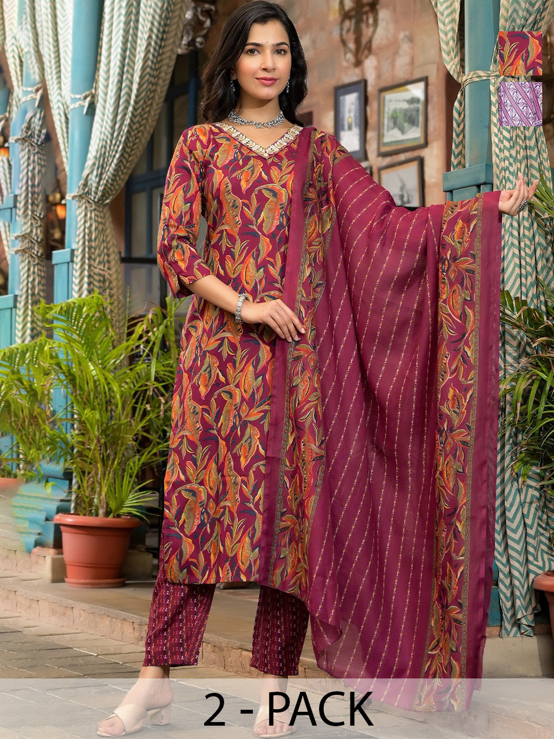 KALINI Selection Of 2 Floral Printed V-Neck Straight Kurtas With Trousers & Dupattas, Maroon
KALINI Selection Of 2 Floral Printed V-Neck Straight Kurtas With Trousers & Dupattas, Maroon
