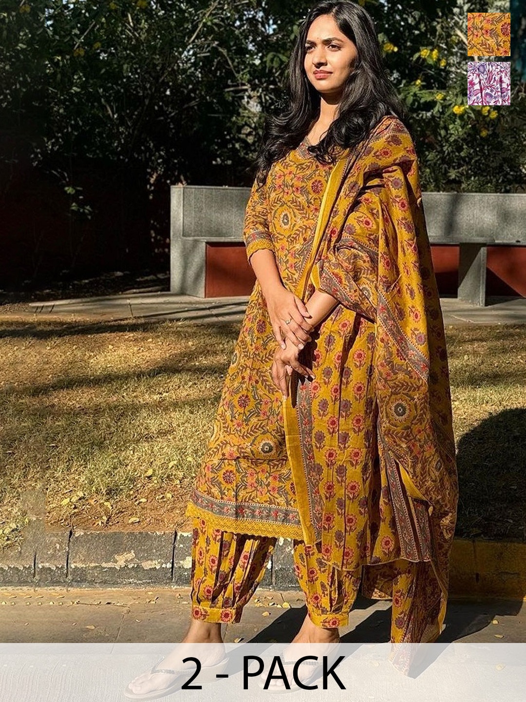KALINI Selection Of 2 Floral Printed V-Neck Straight Kurtas With Pyjamas & Dupattas, Mustard
KALINI Selection Of 2 Floral Printed V-Neck Straight Kurtas With Pyjamas & Dupattas, Mustard