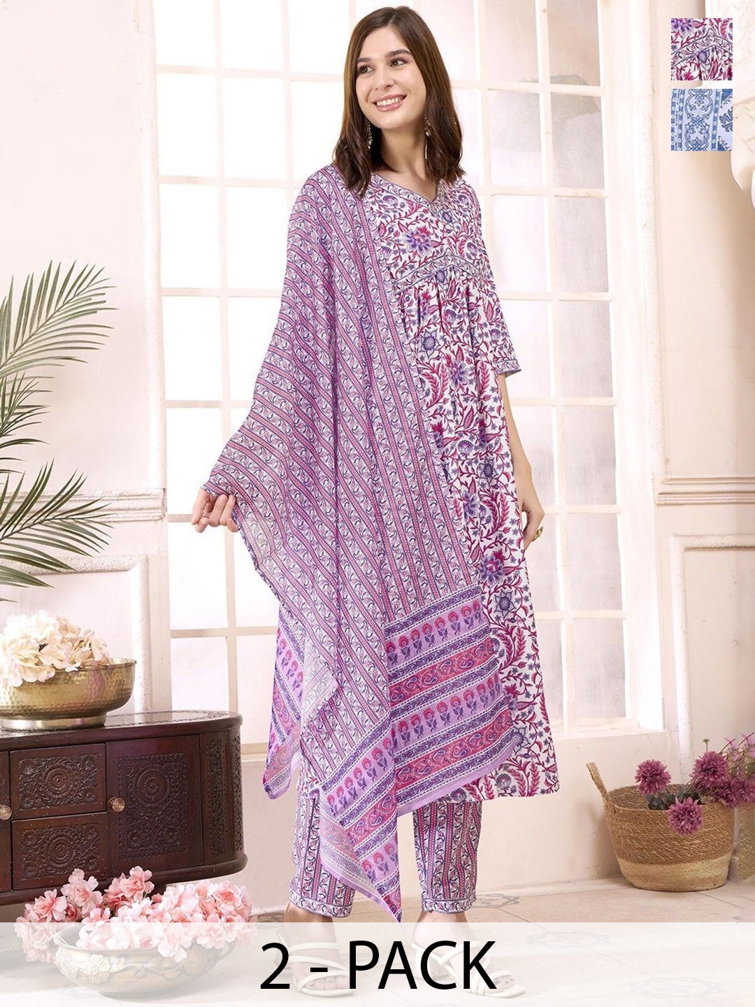 KALINI Selection Of 2 Floral Printed Empire Straight Kurtas With Trousers And Dupattas, Pink
KALINI Selection Of 2 Floral Printed Empire Straight Kurtas With Trousers And Dupattas, Pink