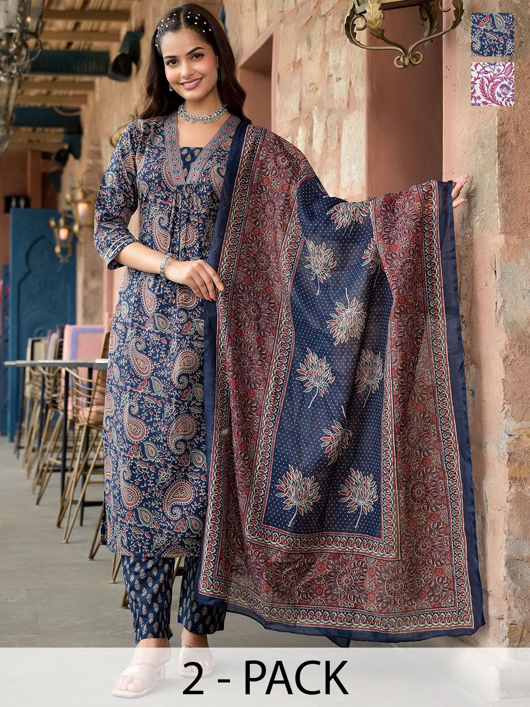 KALINI Selection Of 2 Paisley Printed V Neck Straight Kurtas with Trousers And Dupattas, Navy blue
KALINI Selection Of 2 Paisley Printed V Neck Straight Kurtas with Trousers And Dupattas, Navy blue