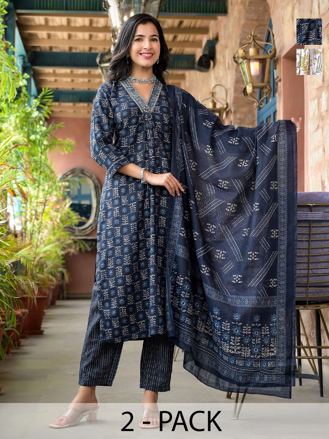 KALINI Selection Of 2 Ethnic Motifs Printed V Neck Kurtas with Trousers And Dupattas, Navy blue
KALINI Selection Of 2 Ethnic Motifs Printed V Neck Kurtas with Trousers And Dupattas, Navy blue