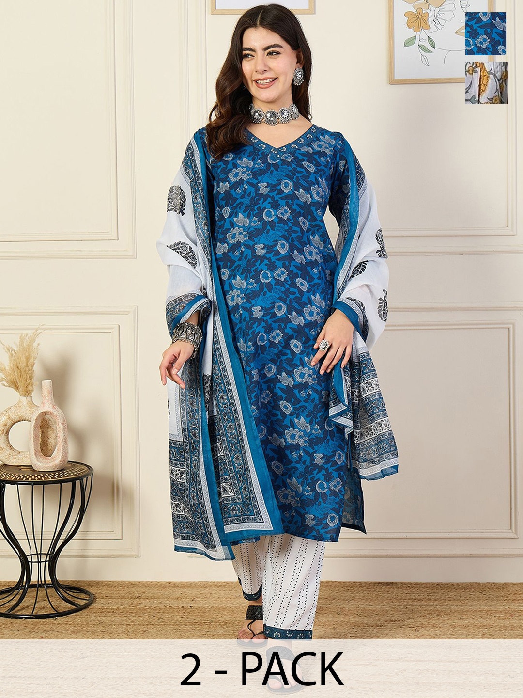 KALINI Selection Of 2 Floral Printed V Neck Straight Kurtas with Trousers And Dupattas, Black
KALINI Selection Of 2 Floral Printed V Neck Straight Kurtas with Trousers And Dupattas, Black