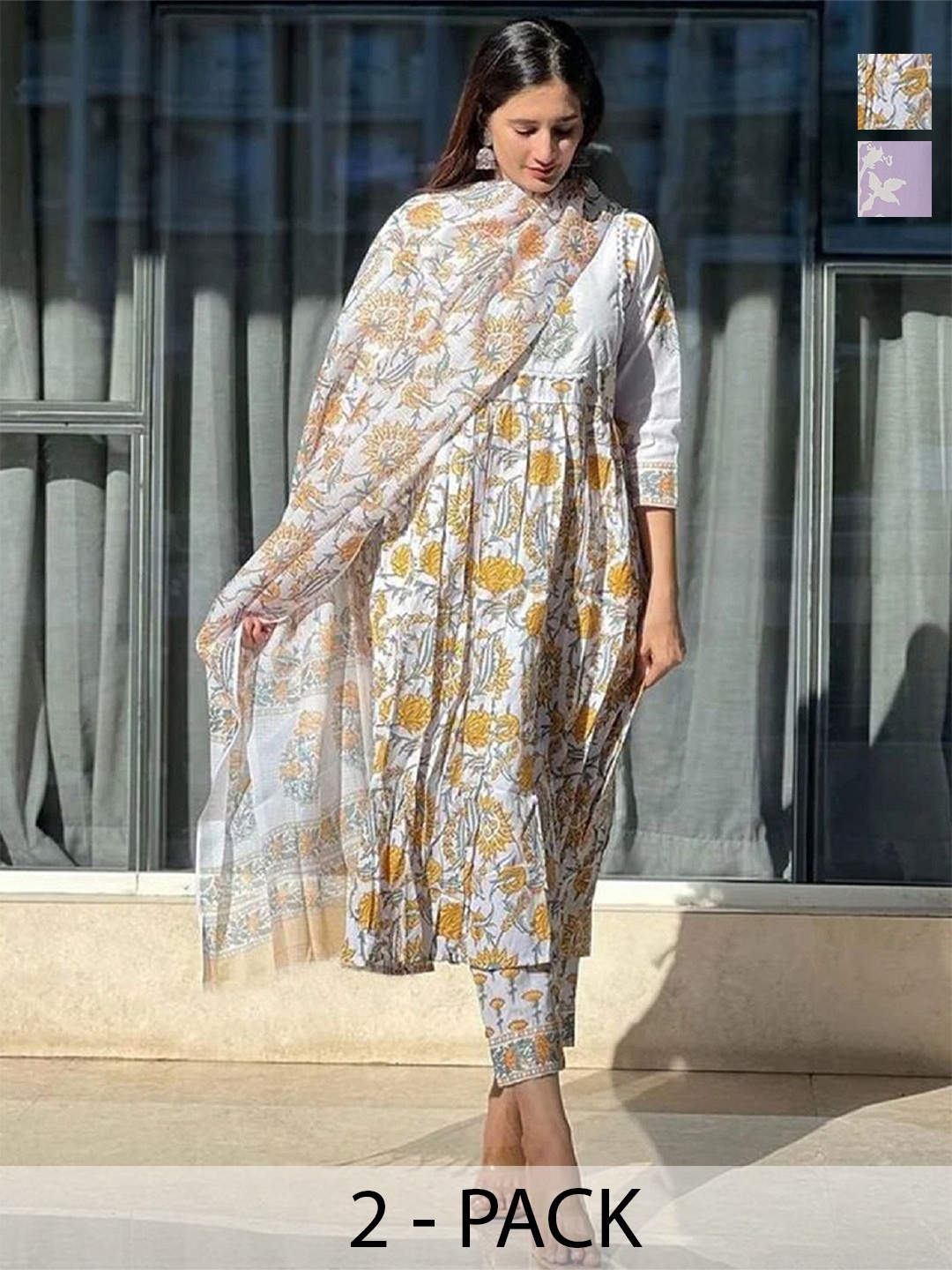 KALINI Selection Of 2 Floral Printed Round Neck Anarkali Kurtas with Trousers And Dupattas, White
KALINI Selection Of 2 Floral Printed Round Neck Anarkali Kurtas with Trousers And Dupattas, White