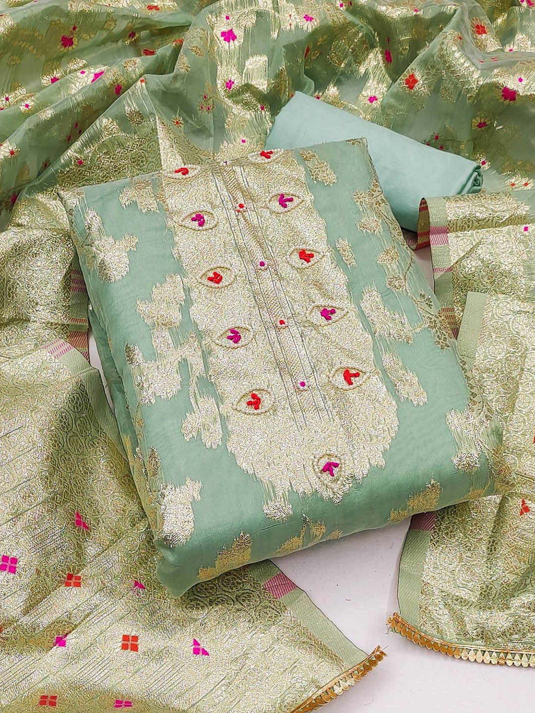NEGRONI Floral Woven Design Beads and Stones Pure Silk Unstitched Dress Material, Green
NEGRONI Floral Woven Design Beads and Stones Pure Silk Unstitched Dress Material, Green