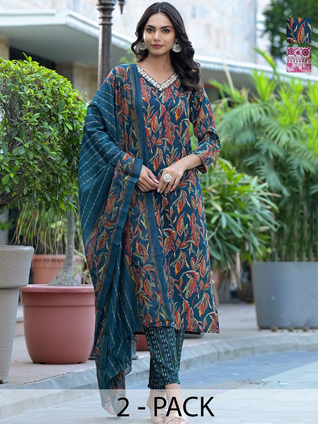 KALINI Selection Of 2 Floral Printed V-Neck Straight Kurta With Trousers & Dupatta, Blue
KALINI Selection Of 2 Floral Printed V-Neck Straight Kurta With Trousers & Dupatta, Blue