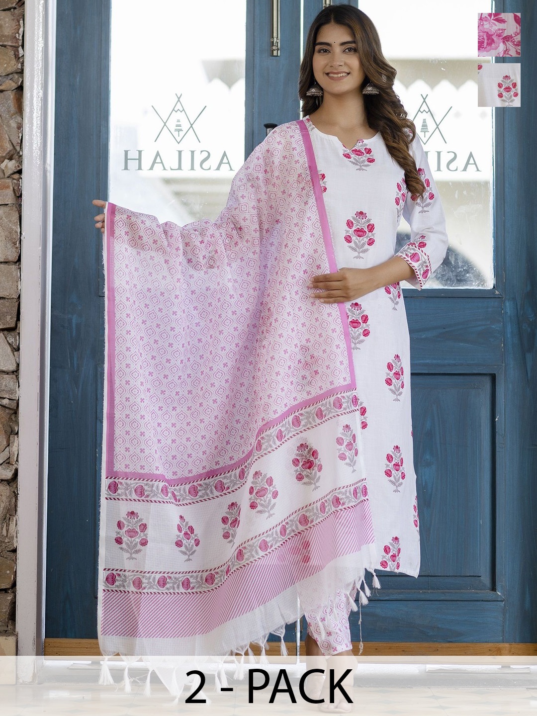 KALINI Selection Of 2 Floral Printed Notch Neck Kurtas With Trousers & Dupattas, White
KALINI Selection Of 2 Floral Printed Notch Neck Kurtas With Trousers & Dupattas, White