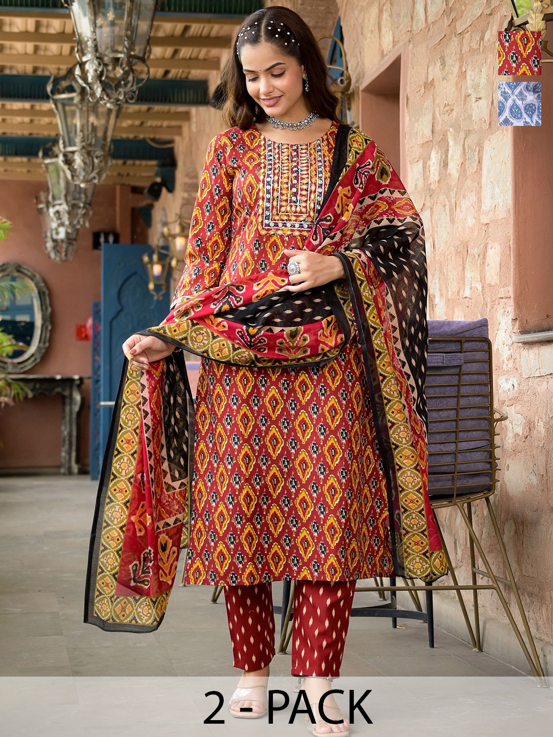 KALINI Selection Of 2 Ethnic Motifs Printed Mirror Work Kurtas With Trousers & Dupattas, Red
KALINI Selection Of 2 Ethnic Motifs Printed Mirror Work Kurtas With Trousers & Dupattas, Red