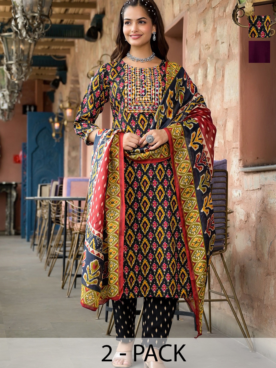 KALINI Selection Of 2 Ethnic Motifs Printed Thread Work Kurta With Trousers And Dupatta, Black
KALINI Selection Of 2 Ethnic Motifs Printed Thread Work Kurta With Trousers And Dupatta, Black