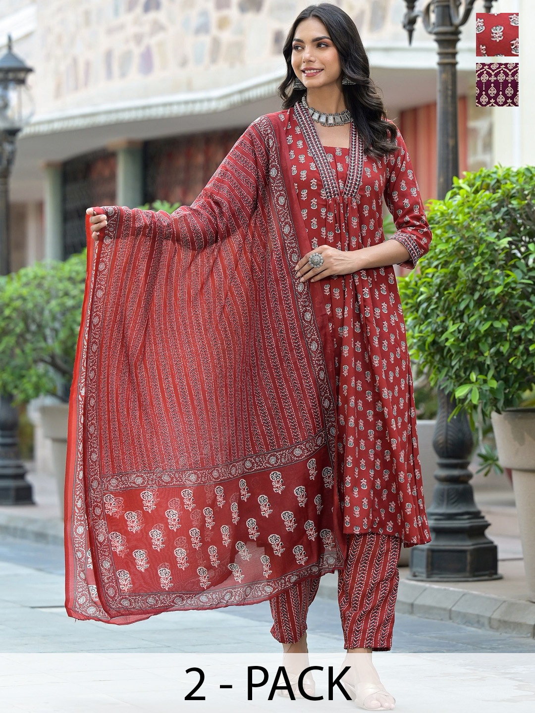 KALINI Selection Of 2 Floral Printed V-Neck A-Line Kurtas With Trousers And Dupattas, Red
KALINI Selection Of 2 Floral Printed V-Neck A-Line Kurtas With Trousers And Dupattas, Red