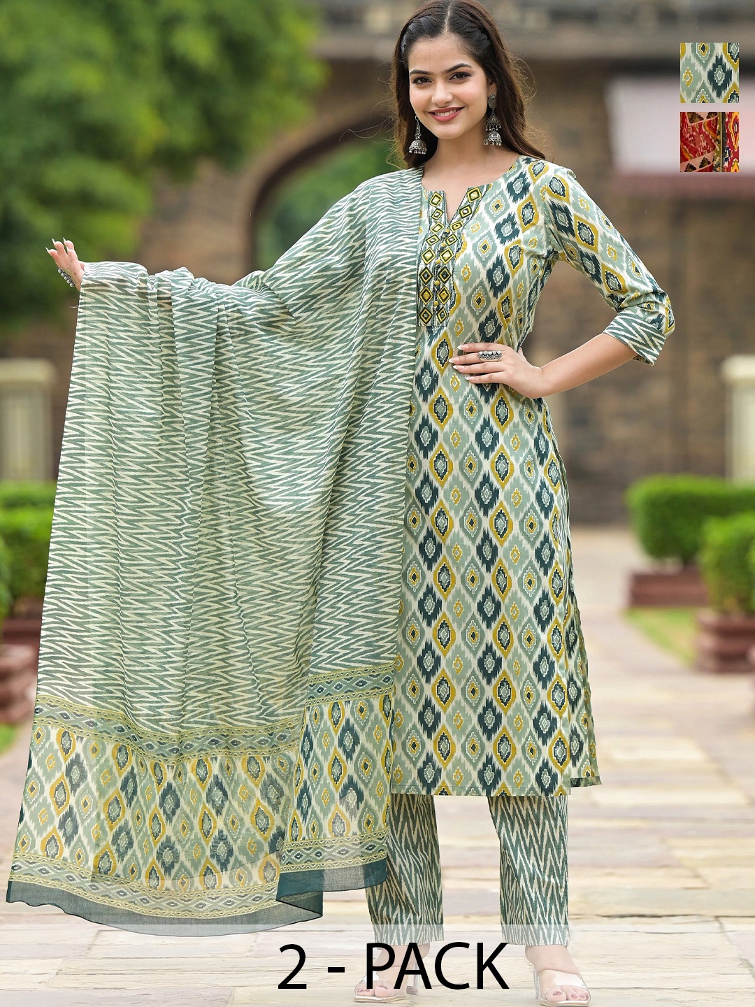 KALINI Selection Of 2 Geometric Printed Notch Neck Kurtas With Trousers And Dupattas, Sea green
KALINI Selection Of 2 Geometric Printed Notch Neck Kurtas With Trousers And Dupattas, Sea green