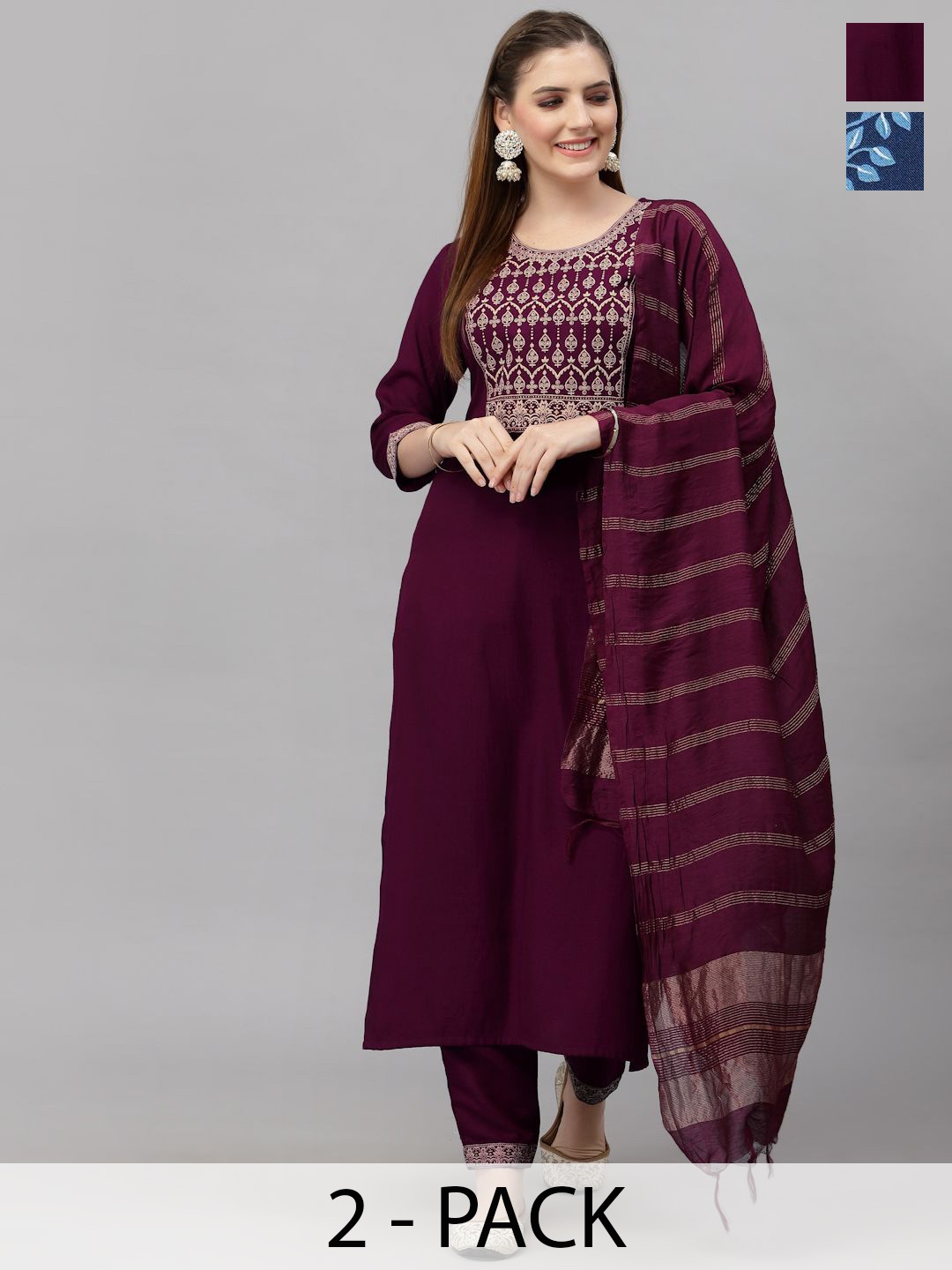 KALINI Selection Of 2 Ethnic Motifs Printed Patchwork Kurtas With Trousers And Dupattas, Burgundy
KALINI Selection Of 2 Ethnic Motifs Printed Patchwork Kurtas With Trousers And Dupattas, Burgundy