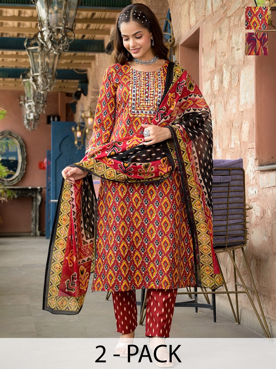 KALINI Selection Of 2 Ethnic Motifs Printed Straight Kurtas With Trousers And Dupattas, Red
KALINI Selection Of 2 Ethnic Motifs Printed Straight Kurtas With Trousers And Dupattas, Red
