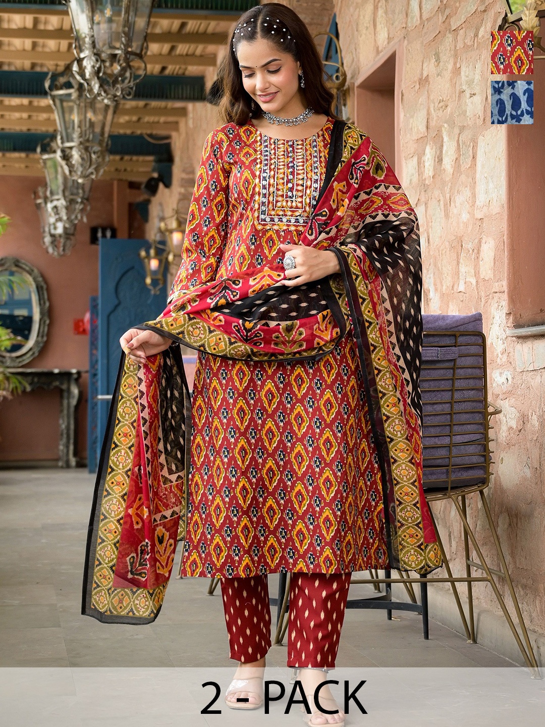 KALINI Selection Of 2 Ethnic Motifs Printed Straight Kurtas With Trousers And Dupattas, Red
KALINI Selection Of 2 Ethnic Motifs Printed Straight Kurtas With Trousers And Dupattas, Red
