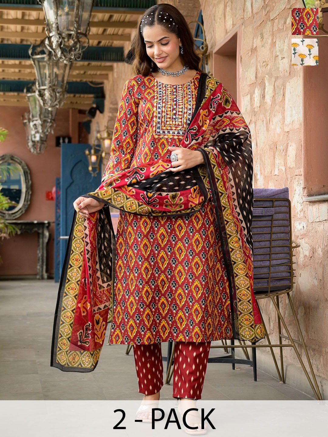 KALINI Selection Of 2 Ethnic Motifs Printed Straight Kurtas With Trousers And Dupattas, Brown
KALINI Selection Of 2 Ethnic Motifs Printed Straight Kurtas With Trousers And Dupattas, Brown