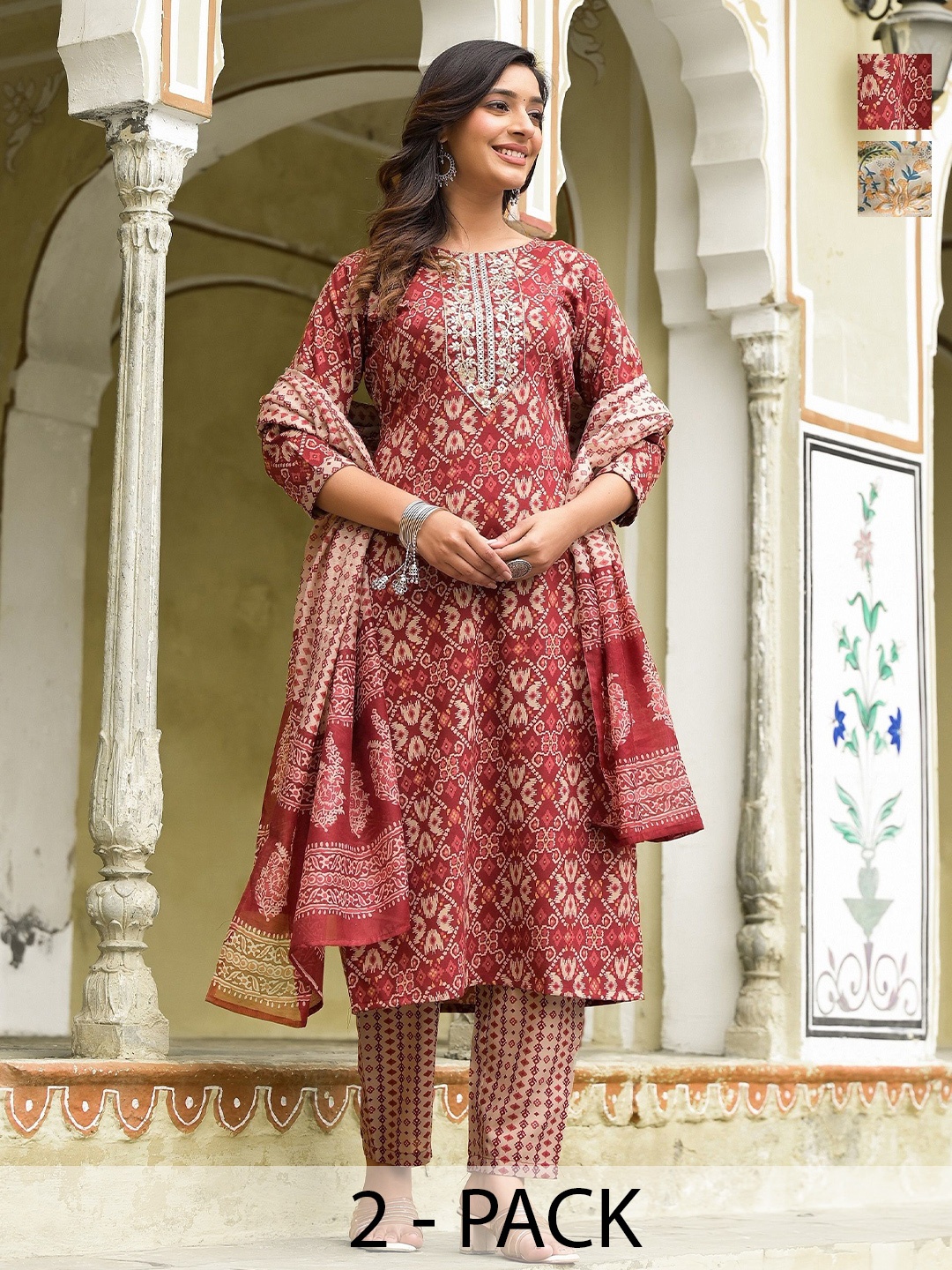 KALINI Selection Of 2 Ethnic Motifs Printed Straight Kurta with Trousers & With Dupatta, Red
KALINI Selection Of 2 Ethnic Motifs Printed Straight Kurta with Trousers & With Dupatta, Red