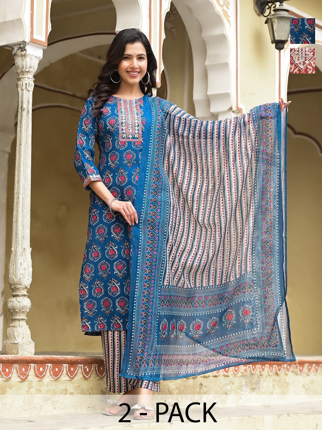 KALINI Madhubala Selection of 2 Floral Printed Embellished Kurta With Trousers And Dupatta, Blue
KALINI Madhubala Selection of 2 Floral Printed Embellished Kurta With Trousers And Dupatta, Blue