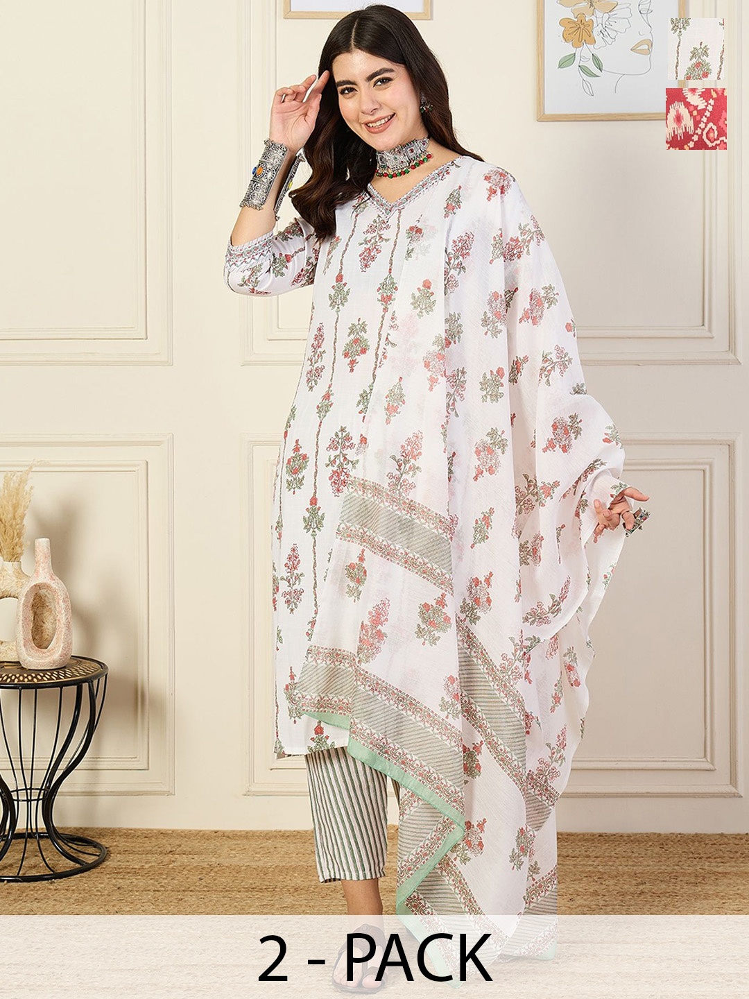 KALINI Madhubala Selection of 2 Floral Printed Straight Kurta With Trousers And Dupatta, White
KALINI Madhubala Selection of 2 Floral Printed Straight Kurta With Trousers And Dupatta, White