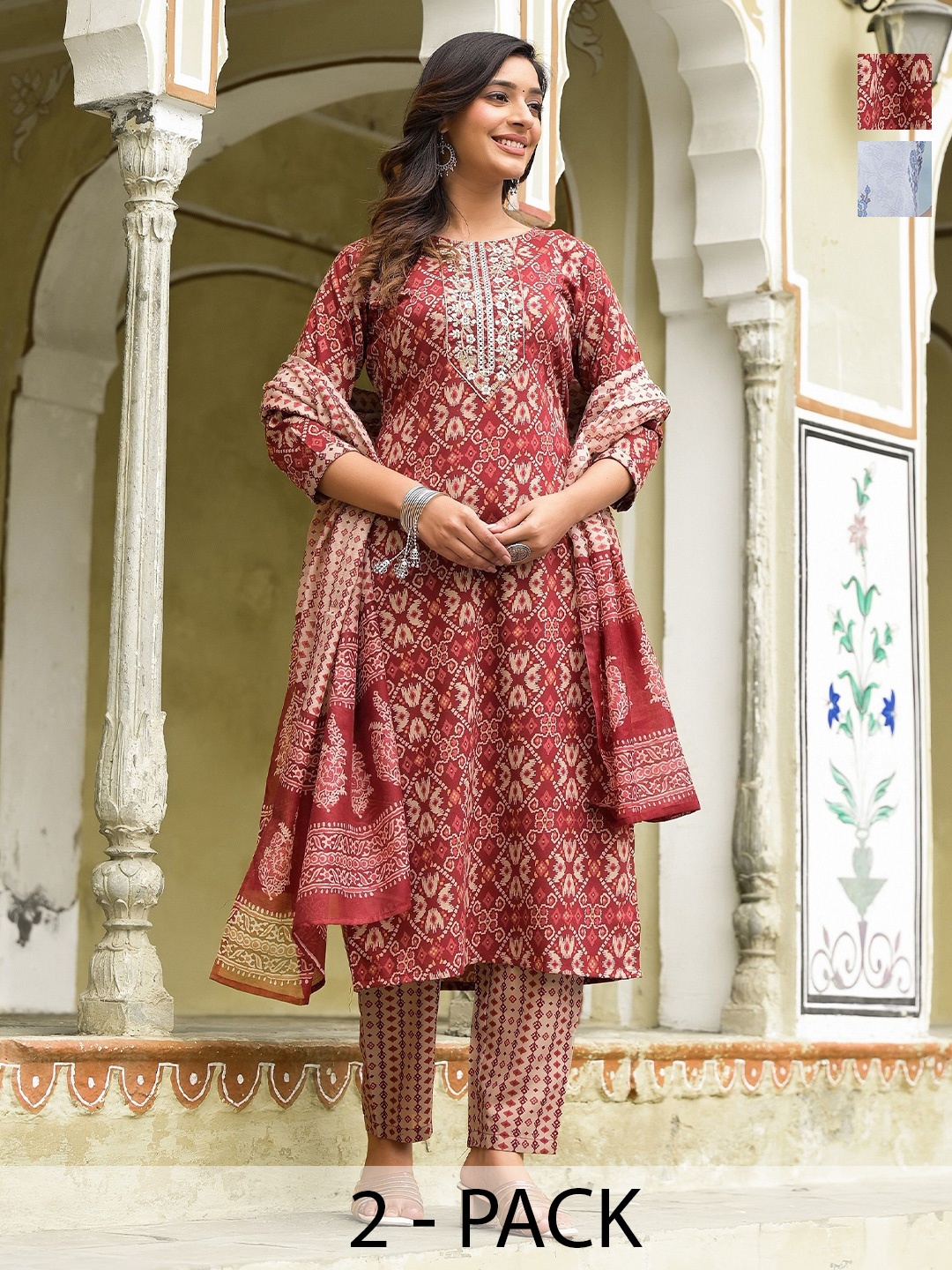 KALINI Selection Of 2 Ethnic Motifs Printed Straight Kurtas With Trousers And Dupatta, Red
KALINI Selection Of 2 Ethnic Motifs Printed Straight Kurtas With Trousers And Dupatta, Red